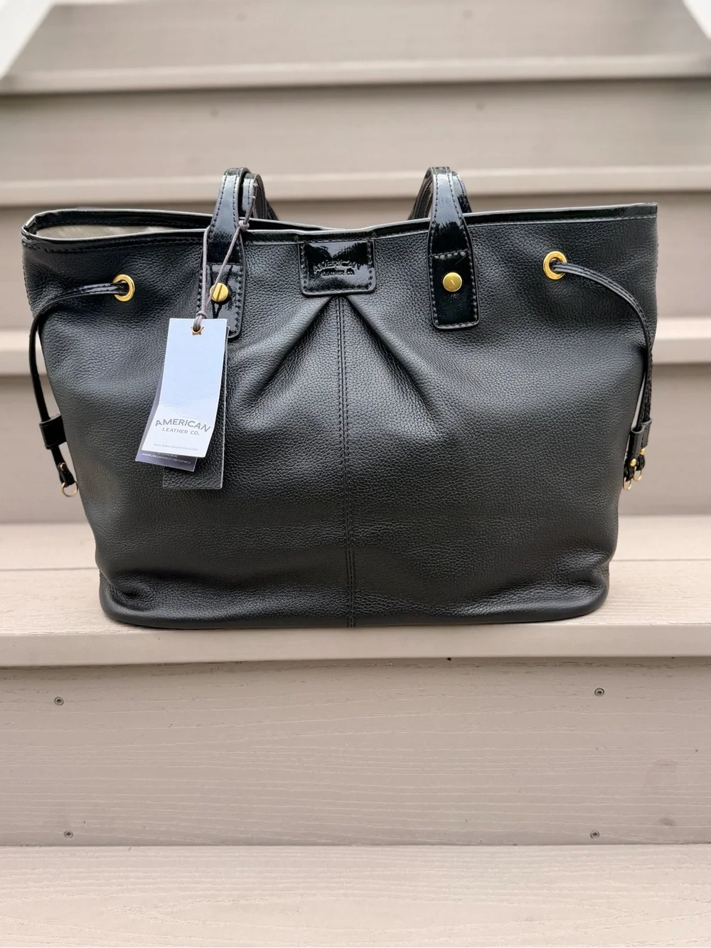 NWT American Leather Co Black Pebbled Leather Tote Bag Patent Trim Gold Hardware